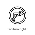 No turn right sign icon. Trendy modern flat linear vector No turn right sign icon on white background from thin line traffic sign Royalty Free Stock Photo