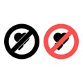 No two hearts icon. Simple glyph, flat of valentines day, love ban, prohibition, embargo, interdict, forbiddance icons for