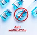 No vaccination. Anti Covid vaccine isolated on white. Red forbidden sign with Medical syringe, needle for protection flu virus and