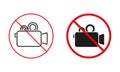 No Video Camera Allowed Warning Sign Set. Notice Recording Video Is Prohibit Line And Silhouette Icons. Banned Record