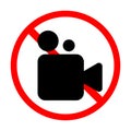 No video camera icon. Stop symbol. Red circle. Prohibited sign. Recording equipment. Vector illustration. Stock image. Royalty Free Stock Photo