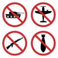 No War Symbol Silhouette Icon Set. Red Stop Sign Military Weapon Glyph Pictogram Collection. Warning Tank, War Plane