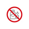 No water bottle allowed icon. Prohibited liquid container with drop sign and red slash. No drinking symbol.