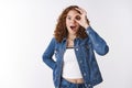 No way awesome. Portrait thrilled amused surprised charming young college girl ginger curly-haired freckles acne prone