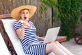 No way! Portrait of unbelievable young adult freelancer woman in hat and dress sitting on daybed with laptop, pointing finger and