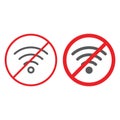 No wifi line and glyph icon, prohibited and ban, internet forbidden sign, vector graphics, a linear pattern on a white