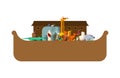 Noah Ark and animals. Pairs of beasts. Rescue from flood. Big ancient ship from bible. Biblical boat
