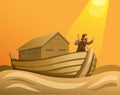 Noah in ark in great flood in biblical scene concept in cartoon illustration vector Royalty Free Stock Photo