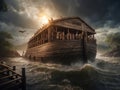 Noah Ark is in the water with a group of people and animals on it Royalty Free Stock Photo