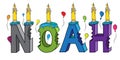 Noah name bitten colorful 3d lettering birthday cake with candles and balloons