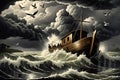 Noah\'s Ark Amidst the Great Flood, Animals Pairing onto the Wooden Vessel under Tumultuous Storm Clouds