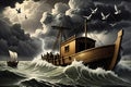 Noah\'s Ark Amidst the Great Flood, Animals Pairing onto the Wooden Vessel under Tumultuous Storm Clouds