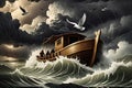 Noah\'s Ark Amidst the Great Flood, Animals Pairing onto the Wooden Vessel under Tumultuous Storm Clouds Royalty Free Stock Photo