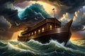 Noah\'s Ark as a Colossal Vessel Afloat Amidst the Churning Stormy Great Flood Waters, Dramatic Light Piercing Through the Royalty Free Stock Photo