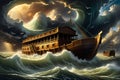 Noah\'s Ark as a Colossal Vessel Afloat Amidst the Churning Stormy Great Flood Waters, Dramatic Light Piercing Through the Royalty Free Stock Photo