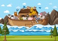 Noah`s ark floating with many animals in the ocean scene