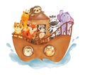 Noah \'s ark with many wildlife animals . The flood concept . Realistic watercolor paint with paper textured .