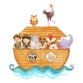 Noah \'s ark with many wildlife animals . The flood concept . Realistic watercolor paint with paper textured . Royalty Free Stock Photo