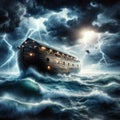 Noah s ark under the storm. Noah s Ark on streams, under the storm and the lightnings of the universal flood.