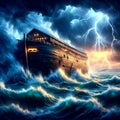 Noah s ark under the storm. Noah s Ark on streams, under the storm and the lightnings of the universal flood.