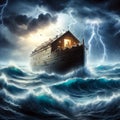 Noah s ark under the storm. Noah s Ark on streams, under the storm and the lightnings of the universal flood.