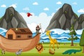 Noah`s Ark with wild animals in nature scene