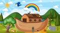 Noah`s Ark with wild animals in nature scene