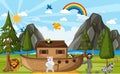 Noah`s Ark with wild animals in nature scene