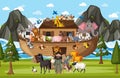 Noah`s Ark with wild animals in nature scene