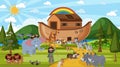 Noah`s Ark with wild animals in nature scene