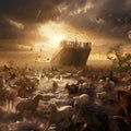 Noah's Ark, animals in the storm, bad weather, rain, sea, boat flood mountain, biblicaly history. bird dove religion Royalty Free Stock Photo