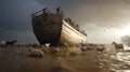Noah's Ark, animals in the storm, bad weather, rain, sea, boat flood mountain, biblicaly history. bird dove religion
