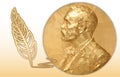Nobel Literature award, gold polygonal medal and pencil symbol Royalty Free Stock Photo
