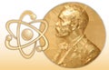 Nobel Physics award, gold polygonal medal and atom structure