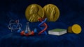 Nobel Prize Medal standing on a platform. Blue velvet in the background. 3d render