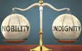 Nobility and indignity staying in balance - pictured as a metal scale with weights and labels nobility and indignity to symbolize