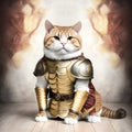 Noble British Shorthair ginger cat as a Knight wearing golden kings armor
