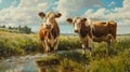 Noble Cows Gracing the Rural Landscape . Generative Ai Royalty Free Stock Photo