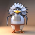 Noble 3d cartoon native American Indian penguin chieftain in feathered headdress standing peacefully, 3d illustration