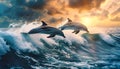 Dolphins jumping over waves Royalty Free Stock Photo