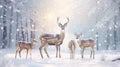 Noble deer family in winter snow forest. Artistic winter Christmas landscape. Winter wonderland Royalty Free Stock Photo