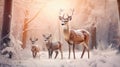 Noble deer family in winter snow forest. Artistic winter Christmas landscape. Winter wonderland Royalty Free Stock Photo