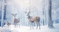 Noble deer family in winter snow forest. Artistic winter Christmas landscape. Winter wonderland