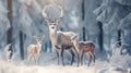 Noble deer family in winter snow forest. Artistic winter Christmas landscape. Winter wonderland Royalty Free Stock Photo