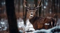 Wild red deer in nature at sunset Noble deer male in winter snow forest. Mountain landscape wildlife