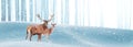 Noble deer in a winter magic forest. Christmas fantastic image. Copy space. Winter wonderland.