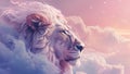 A noble dreaming lion gazes into the distance its mane blending with a fluffy clouds against a soft rosy sky