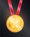 Noble Gold Round Medal on Shiny Glossy Red Ribbon