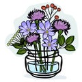 Noble hepatica and stokesia in a glass jar. Vector icon on white background