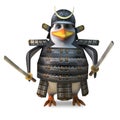 Noble Japanese penguin samurai warror wields two mighty katana swords, 3d illustration